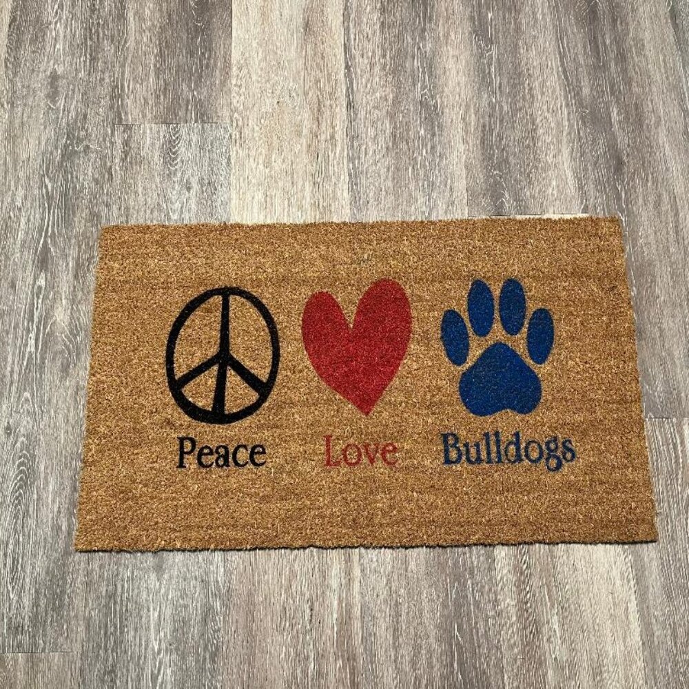 Peace Love Bulldogs decorative coir doormat